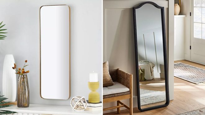 Olivia May Contemporary Style Wall Mirror on the left and Threshold Shield Floor FSC Ash Wood Mirror on the right