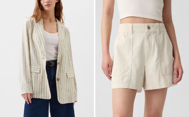 GAP Factory Relaxed Stripe Linen Blend Blazer and High Rise Easy Utility Shorts