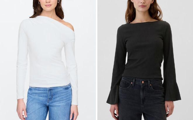 GAP Factory Stretch Jersey One Shoulder Top and Ribbed Boatneck Bell Sleeve T Shirt