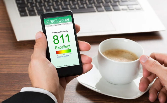 A Person Holding a Phone and a Cup of Coffee and Checking Their Credit Score for Free