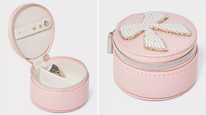 A New Day Round Travel Jewelry Organizer with Pearl Bow in Pink