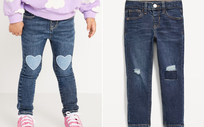 High Waisted Rockstar 360° Stretch Heart Patch Jeggings for Toddler Girls and 360° Stretch Ripped Skinny Jeans for Toddler Boys