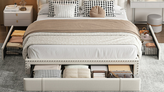 Enhomee Queen Bed Frame with four Storage Drawers