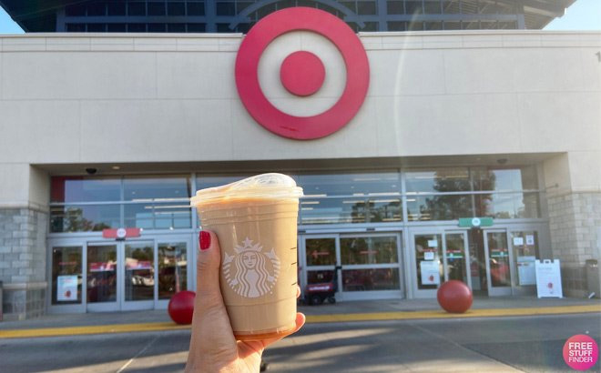 A Person Holding a Starbucks Coffee in the Parking Lot in Front of Target