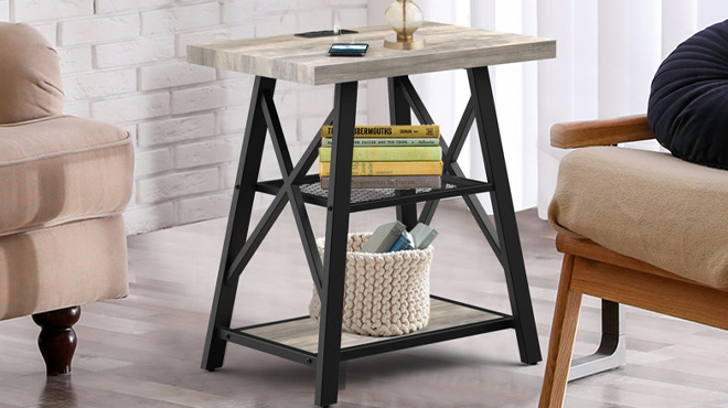 17 Stories End Table with 2 USB Ports 2 Power Outlets and 2 Storage Shelves