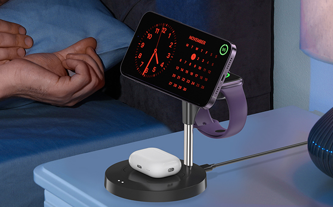 3 in 1 Wireless Charging Station for Multiple Devices on a Night Stand